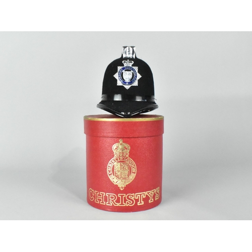 42 - A Miniature Boxed Police Helmet by Christys on Wooden Stand with Presentation Plaque for Cheshire Sp... 