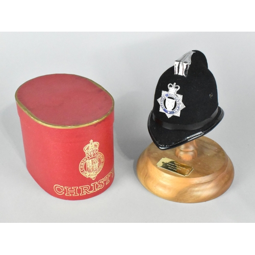 42 - A Miniature Boxed Police Helmet by Christys on Wooden Stand with Presentation Plaque for Cheshire Sp... 