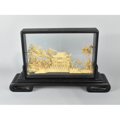 53 - A Mid 20th Century Chinese Carved Cork Diorama Depicting Pagoda in Forest, Ebonised Case, 42cm Long
