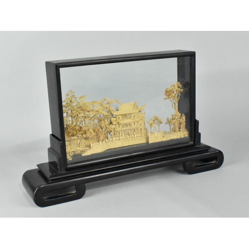 53 - A Mid 20th Century Chinese Carved Cork Diorama Depicting Pagoda in Forest, Ebonised Case, 42cm Long