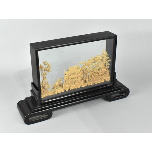 53 - A Mid 20th Century Chinese Carved Cork Diorama Depicting Pagoda in Forest, Ebonised Case, 42cm Long