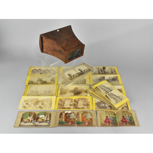 A Late 19th/Early 20th Century Burr Wood Stereoscopic Viewer together with a Collection of Thirty One Monochrome and Coloured Stereoscopic Cards, Various Subjects, Viewer Glass Cracked
