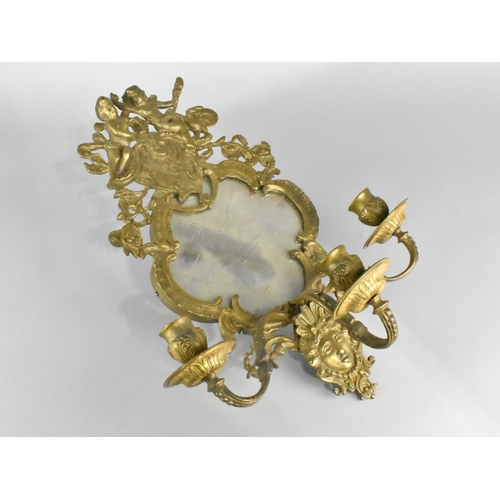 205 - An Ornate Brass Framed Three Branch Girandole Wall Mirror, 30cms High