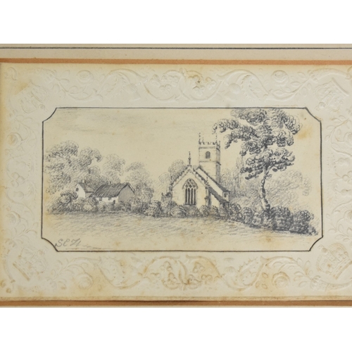 207 - A Framed Pencil Drawing of a Church, 13x9cms