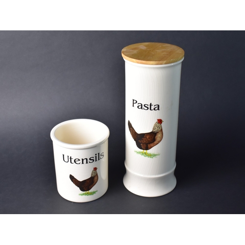 224 - Two English Pottery Cloverleaf Poultry Decorated Storage Jars Decorated for 'Pasta' and 'Utensils'