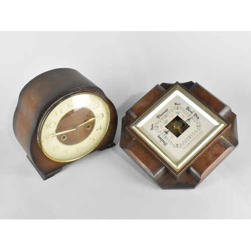 240 - A Vintage Smith Oak Cased Mantel Clock and an Oak Framed Aneroid Barometer, Missing Glass
