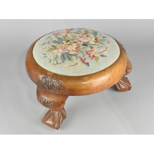 138 - An Oriental Carved Circular Tapestry Topped Footstool, 33cms Diameter, Claw and Ball Feet