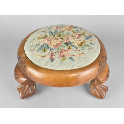 138 - An Oriental Carved Circular Tapestry Topped Footstool, 33cms Diameter, Claw and Ball Feet