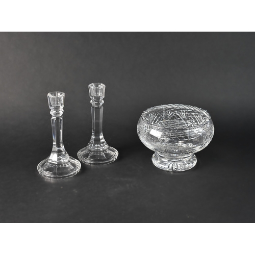 139 - A Pair of Glass Candlesticks, 21cms High, together with an Engraved Rose Bowl with Commemorative Eng... 