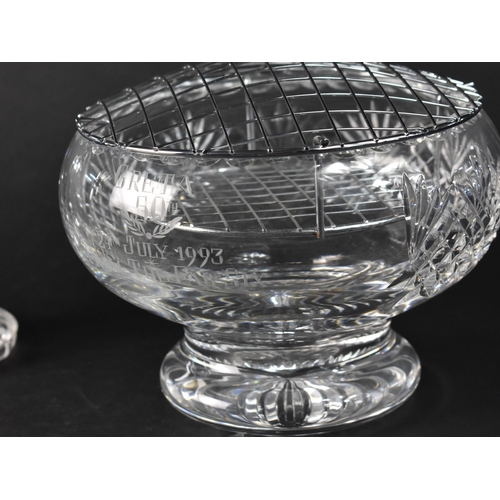 139 - A Pair of Glass Candlesticks, 21cms High, together with an Engraved Rose Bowl with Commemorative Eng... 