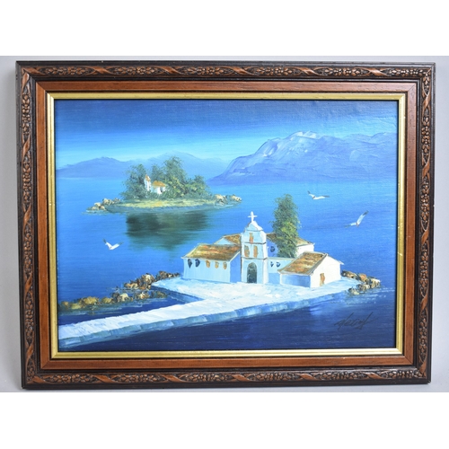 337 - A Framed Oil on Board, Greek Monastery, Subject 26x19cm
