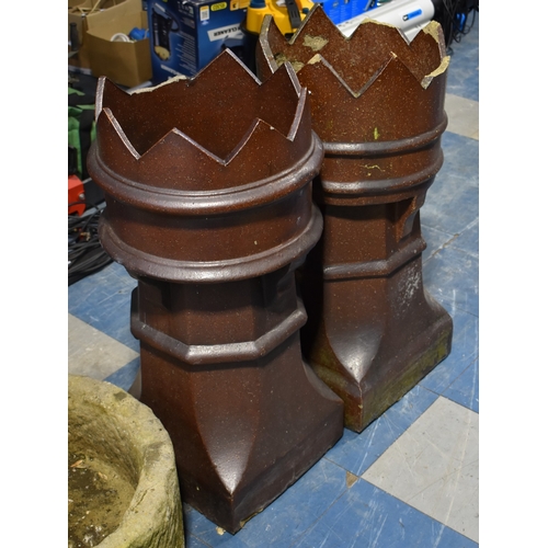 464 - A Pair of Glazed Terracotta Castellated Chimney Pots, 76cm high (Both with Losses)