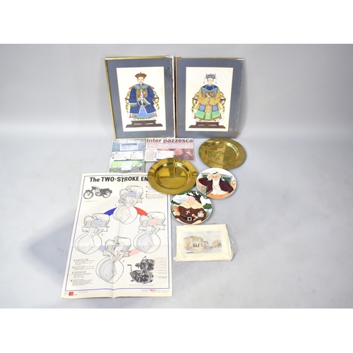 513 - Two Coloured Prints, Chinese Emperors, Two Decorated Plates, Two Brass Chargers Etc