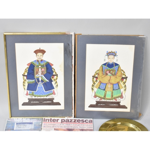 513 - Two Coloured Prints, Chinese Emperors, Two Decorated Plates, Two Brass Chargers Etc