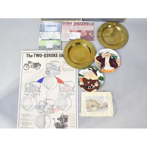 513 - Two Coloured Prints, Chinese Emperors, Two Decorated Plates, Two Brass Chargers Etc