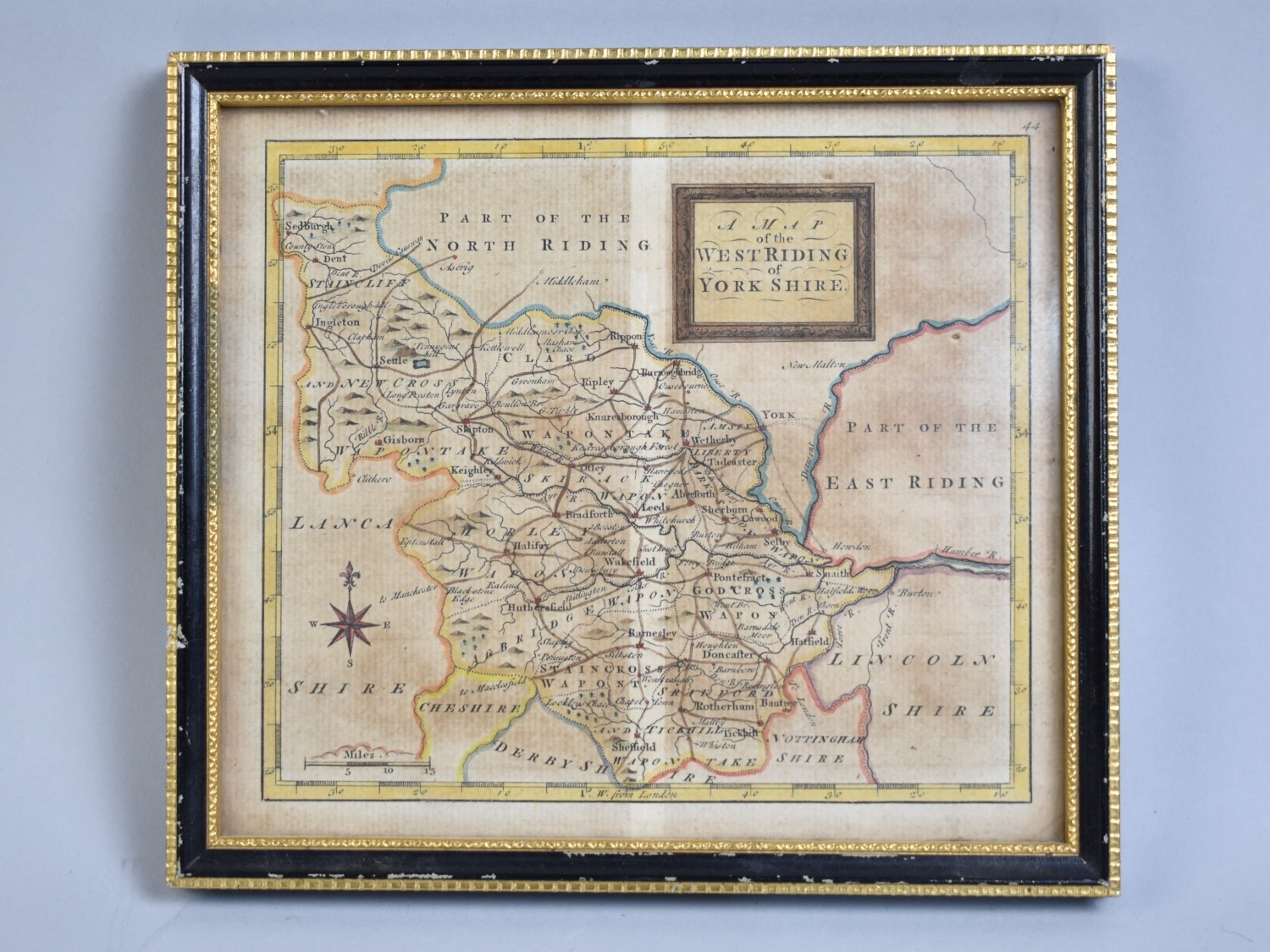 A Small Framed Hand Coloured 17th Century Map of The West Riding of ...