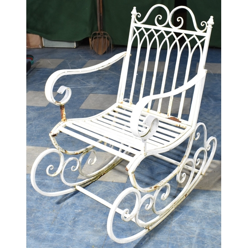 A White Painted Cast Iron Patio Rocking Chair