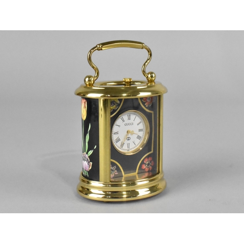 9 - A Boxed Gucci Miniature Carriage Clock By Halcyon Days, 8cms High
