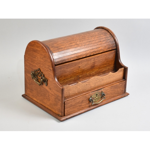 An Edwardian Oak Desktop Stationery Box with Pull Out Base Drawer which Activates Tambour Top to reveal Fitted Section, Brass Carrying Handles Either Side, 32cm Wide
