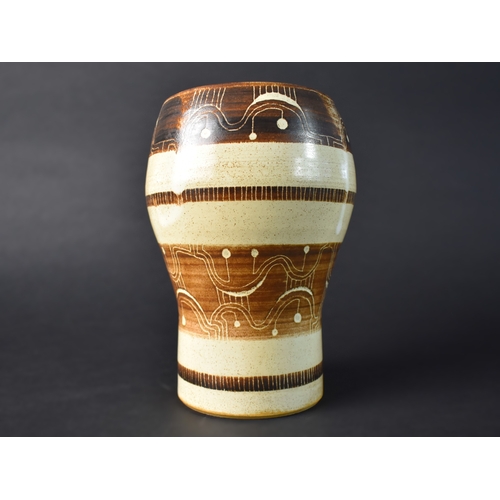190 - A Mid Century Studio Pottery Vase with Abstract Geometric Decoration, 18cm high