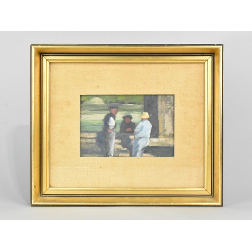 193 - A Small Framed Oil on Board, Three Figures in Conversation, 17x11cms