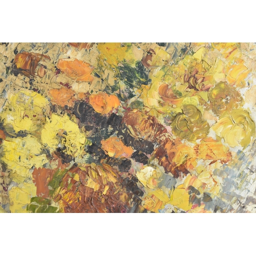 199 - A Large Mounted but Unframed Palette Knife Oil, Still Life Flowers, 50x76cms