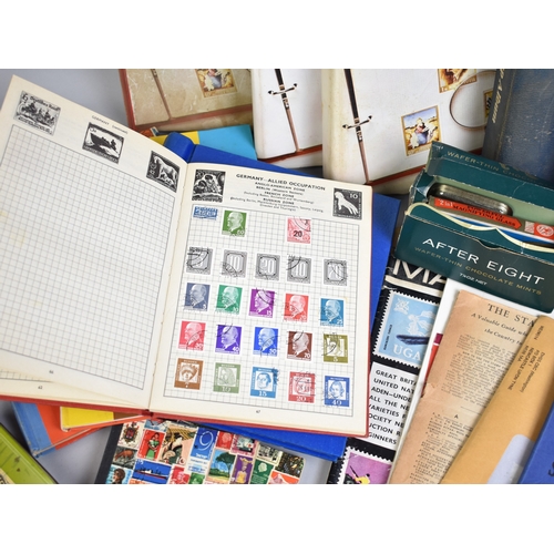 213 - A Collection of Eight Stamp Albums and Contents, Loose Stamps, Books on Stamps, PHQ Cards Etc