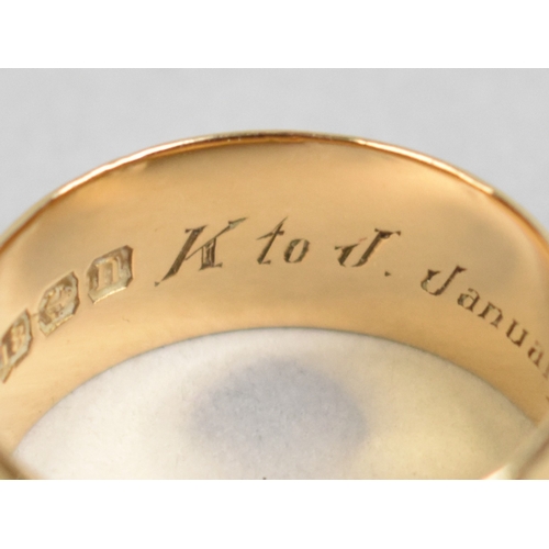 19 - A 18ct Gold Cigar Type Wedding Band, 9.25mm Wide and Size U.5, 11.3gms, Birmingham 1912 and Inscribe... 