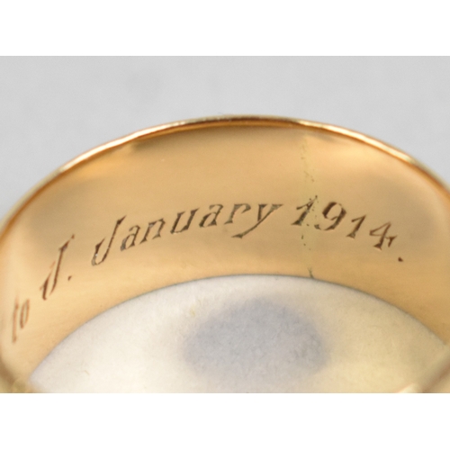 19 - A 18ct Gold Cigar Type Wedding Band, 9.25mm Wide and Size U.5, 11.3gms, Birmingham 1912 and Inscribe... 