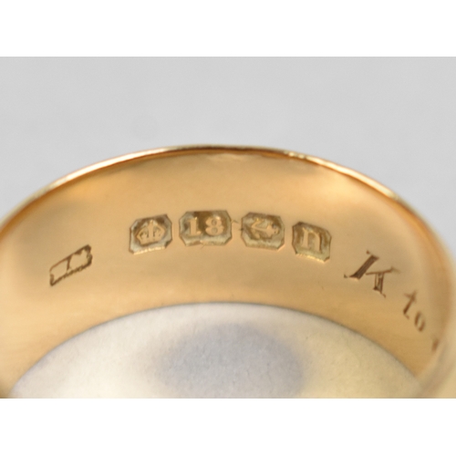 19 - A 18ct Gold Cigar Type Wedding Band, 9.25mm Wide and Size U.5, 11.3gms, Birmingham 1912 and Inscribe... 