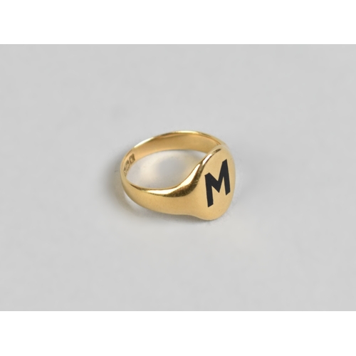 21 - An Antique 18ct Gold Signet Ring having Enamelled M to Oval Head, Tapered Shoulders to a Wide Polish... 