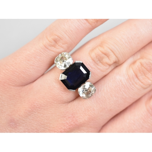 6 - An Art Deco Sapphire, Diamond and Platinum Trilogy Ring, Central Step Cut Sapphire Measuring 11.8mm ... 