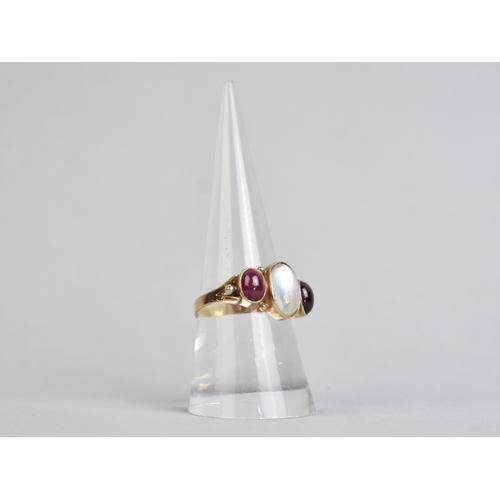 55 - An Antique Style Moonstone and Almandine-Pyrope Garnet Ring, Bezel Set Central Moonstone Cabochon Me... 