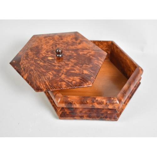 A Burr Wood Hexagonal Lidded Box, 18.5cm Diameter