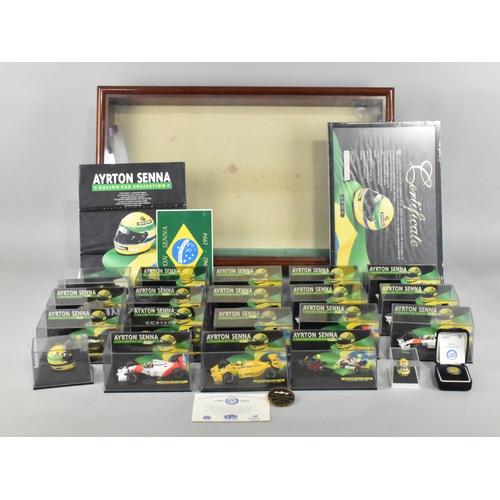 A Lang (pre-Minichamps), Ayrton Senna Racing Car Collection, Scale 1:43 Limited Edition set of 18 Boxed Race Cars, with Certificate, 1784/3100. Together with Ayrton Senna 1994 Helmet Collection Model, 1994 Model Bell Helmet, Enamelled Limited Edition Badge 1993-2003 (1101/2000) and an Enamelled 1988 Pin Badge by MFS