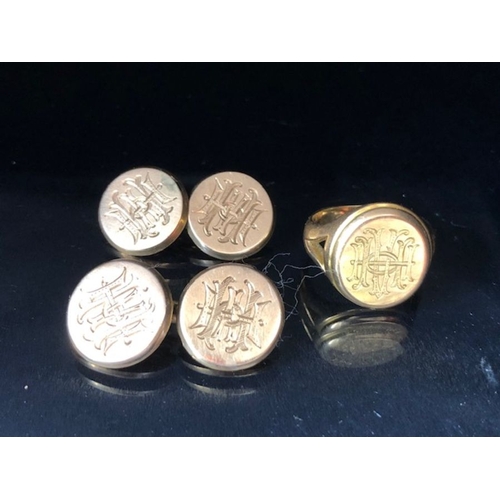 10 - Pair of Gold cufflinks and a Gold signet ring all with matching engraved initials the ring hallmarke... 