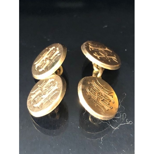 10 - Pair of Gold cufflinks and a Gold signet ring all with matching engraved initials the ring hallmarke... 