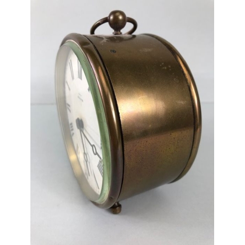 105 - Antique clock, Brass cased drum mantel clock printed dial with Roman numerals marked EXD By MANN Bev... 