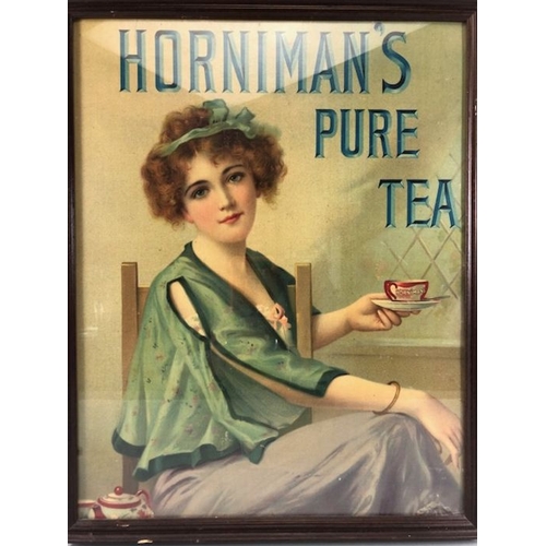 108 - Advertising collectables interest, Antique Horniman's Pure tea shop sign of a young woman holding a ... 