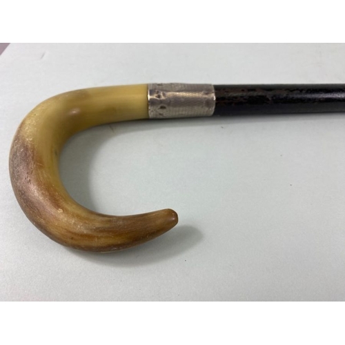 109 - Silver mounted walking stick, polished horn handle on ebonised sick with hallmarked silver collar,