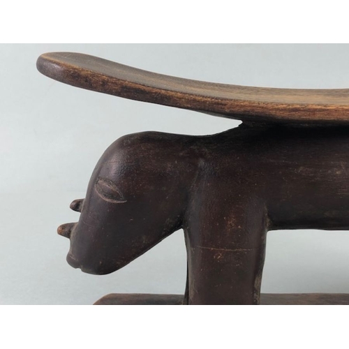 118 - African Tribal neck rest, carved wooden neck rest in the shape of 2 Rhino end to end approximately 3... 