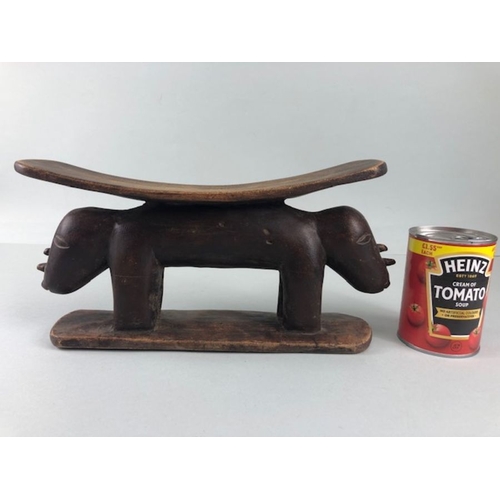 118 - African Tribal neck rest, carved wooden neck rest in the shape of 2 Rhino end to end approximately 3... 