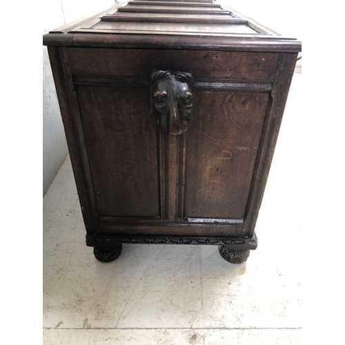 120 - Antique oak chest, Ornately carved European oak chest, 4 panel top with reeded decoration the sides ... 