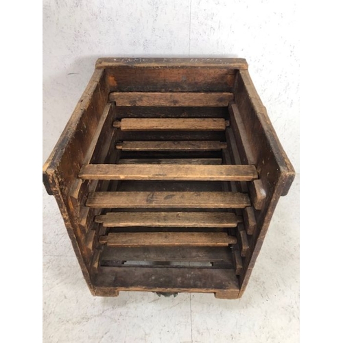 128 - Antique factory trolly, industrial wooden porter trolly designed to take removable trays, thick pine... 