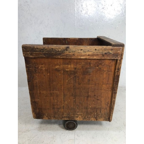 128 - Antique factory trolly, industrial wooden porter trolly designed to take removable trays, thick pine... 