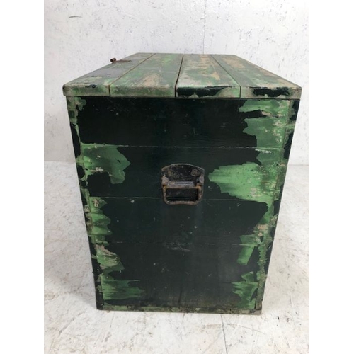 129 - Antique Pine chest  with green painted finish drop metal handles to sides, approximately 91 x 46 x 6... 