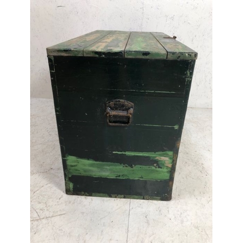 129 - Antique Pine chest  with green painted finish drop metal handles to sides, approximately 91 x 46 x 6... 