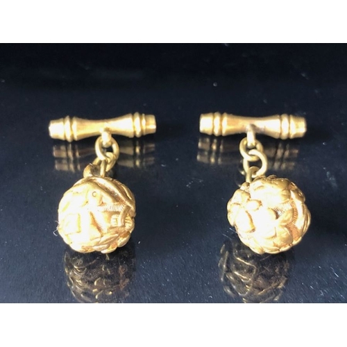 13 - Pair of Antique Gold/ Gold Gilt cufflinks with ball ends with raised floral decoration