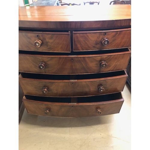 135 - Antique furniture, 19th century polished bow fronted chest of draws on turned legs,  run of 3 draws ... 