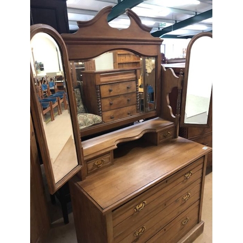 136 - Antique Furniture, Pine dressing table and mirror, run of 3 draws with 2 draw vanity section and til... 